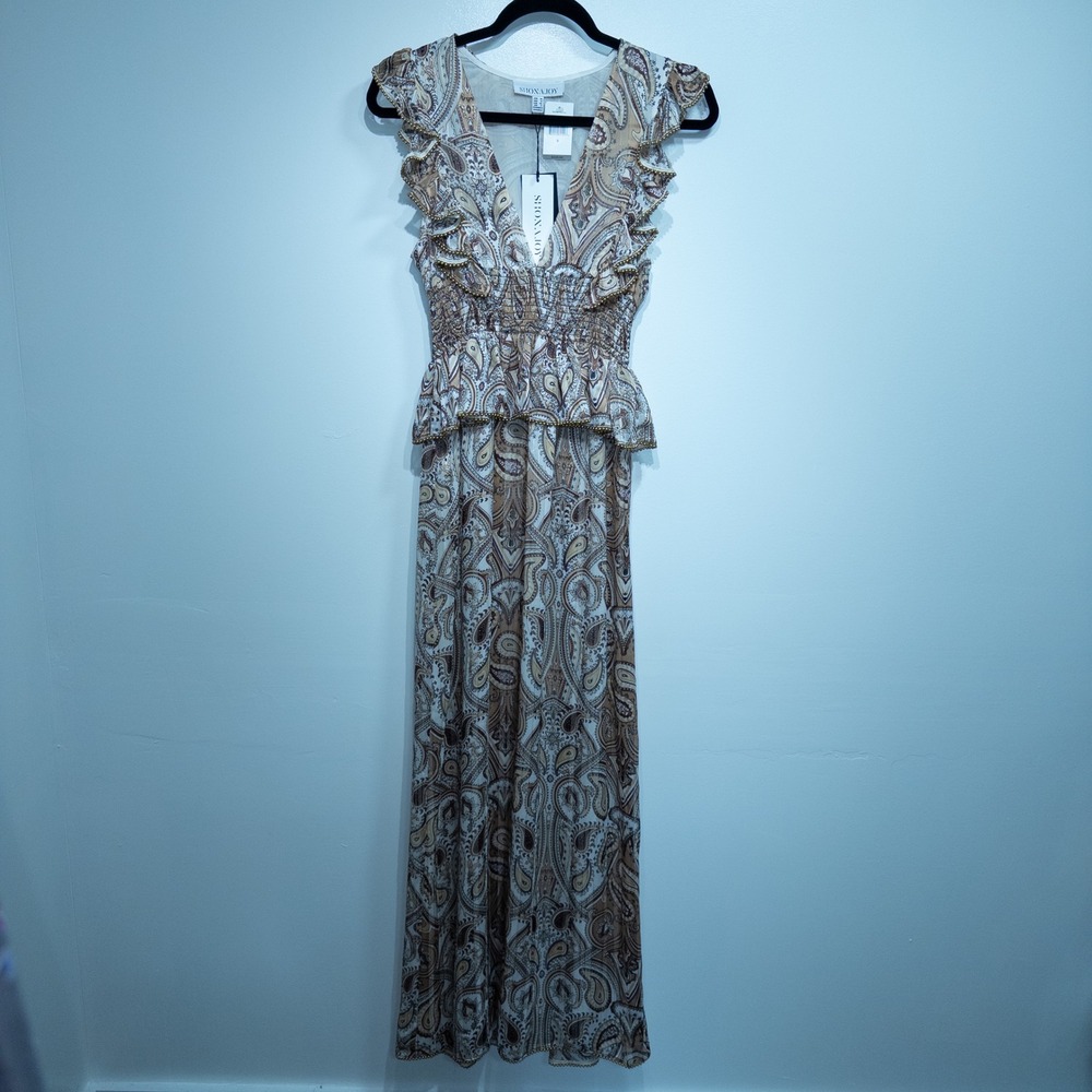 Shona Joy Brown Paisley Pallenberg Shirred Maxi Dress‎ 6 NWT